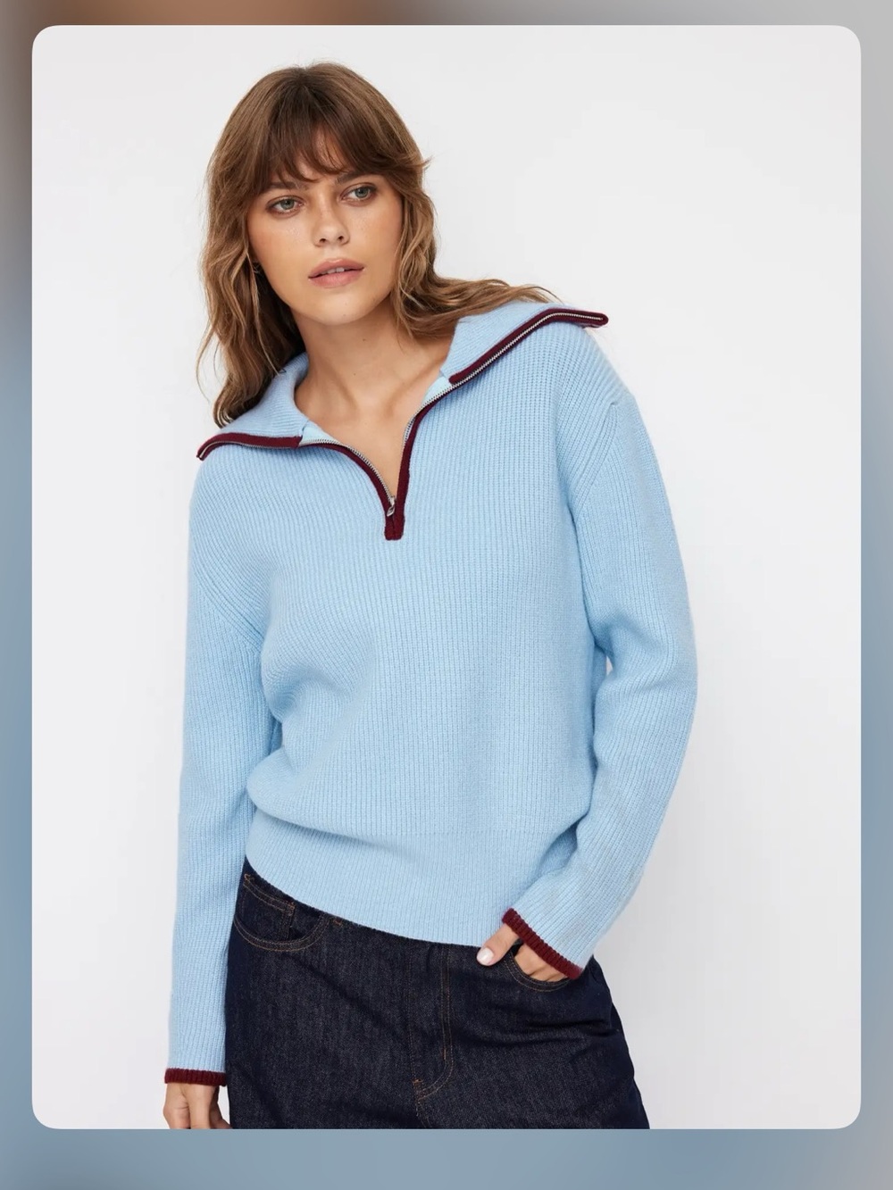 Cider COLLAR CONTRASTING BINDING HALF ZIP LONG SLEEVE TOP S WC15-17